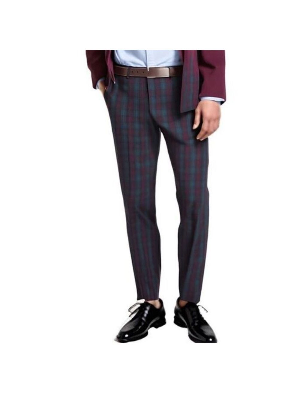 Tommy Hilfiger Tate Men's Modern Fit Plaid Wine Green Dress Pants 31Wx32L - NWT